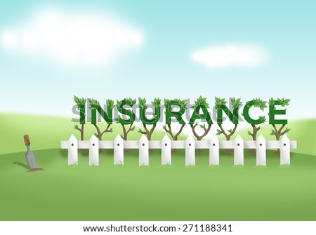 Illustration of Insurance Investment as a Nurtured Fenced Garden in a Bright Valley Concept for types of policies like Agricultural, Accident or Vehicle, Health or Sickness, and Life or Property
