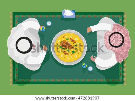 Top view of Arab people in traditional costume are sitting on a carpet and are using their hands to eat Kabsa rice food in flat lay illustration style. Editable Clip Art.