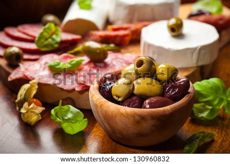 Fresh olives and antipasto catering platter