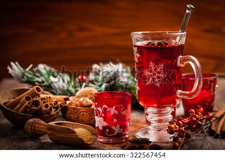 Hot wine punch with ingredients for winter and Christmas