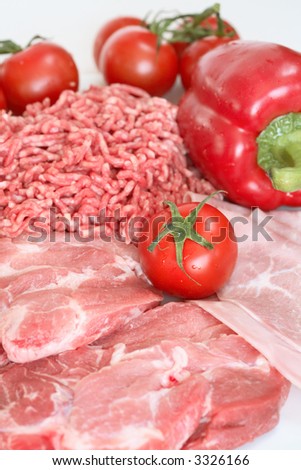 Red food - Different  meat with red paprika and tomatoes