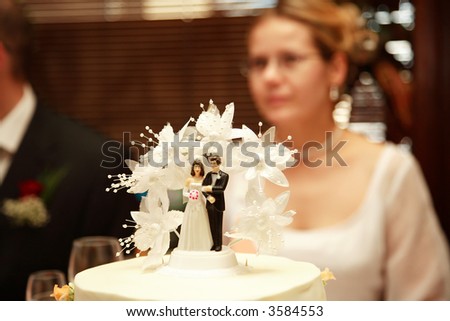 Wedding cake and bride at reception