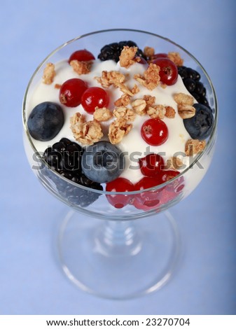 White yogurt in the bowl with fruits and cereal