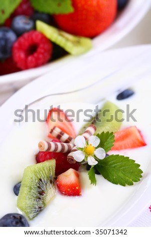 Low calorie dessert - white yogurt with fresh fruits