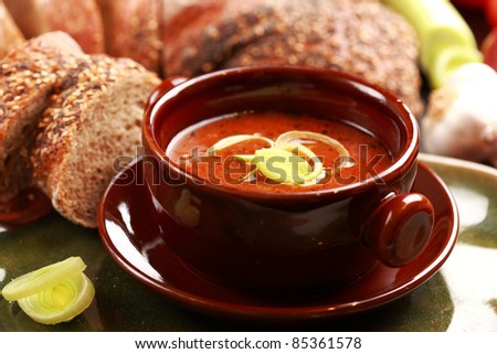 Goulash soup rye bread and leek - Hungarian national meal