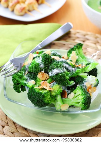 Delicious broccoli salad with yogurt dressing and roasted almond
