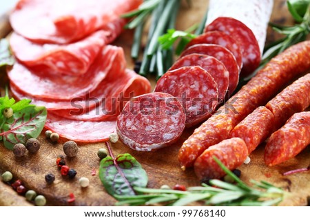 Different Italian ham and salami with herbs