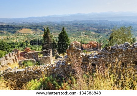 The historical site of Mystras, a Byzantine castle in Greece.