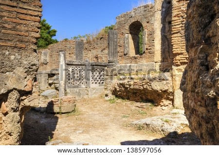 Ruins of the ancient site of Olympia, in Greece, where the Olympic games originate from. A 5th century Byzantine church which was rebuilt over the ruins of Pheidias workshop during the Byzantine era