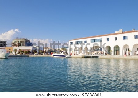 The beautiful Marina in Limassol city in Cyprus. A very modern, high end and newly developed area where yachts are moored and it\'s perfect for a waterfront promenade. A view of the commercial area.