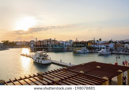 The beautiful Marina in Limassol city in Cyprus. A very modern, high end and newly developed area where yachts are moored and it\'s perfect for a waterfront promenade. The commercial area at sunset.