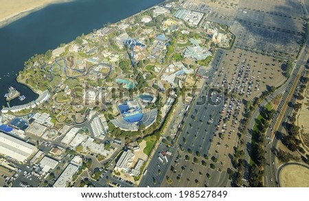 Aerial view of SeaWorld, a marine life theme park in San Diego Bay in Southern California, United States of America. A view of the killer whale shamu stadium and the entire park in Mission Bay.