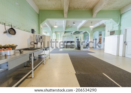 SAN FRANCISCO,USA - FEBRUARY 28 2014: The Dining Hall kitchen that food was prepared for prisoners inside the cellhouse on Alcatraz Penitentiary island,now a museum, in San Francisco, California, USA.