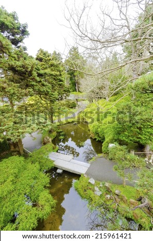 The Japanese Tea Garden in Golden Gate Park in San Francisco, California, United States of America. A view of the native Japanese and Chinese plants and pond that create a relaxing scenery.