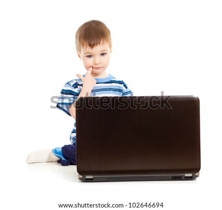 serious kid with notebook on white background