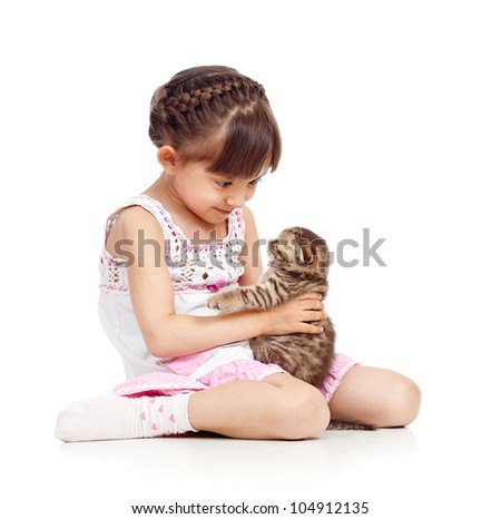 happy child girl holding  cat
