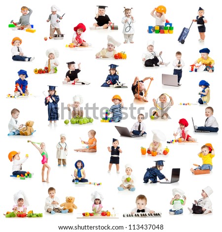 children or kids or babies playing professions isolated on white