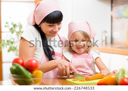 mom and child daughter preparing healthy food at kitchen