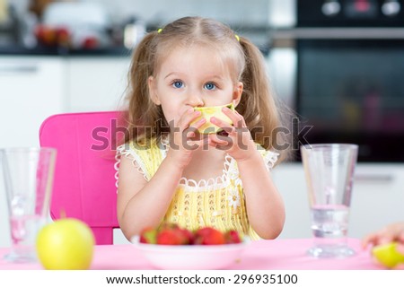kid girl eating healthy food at home