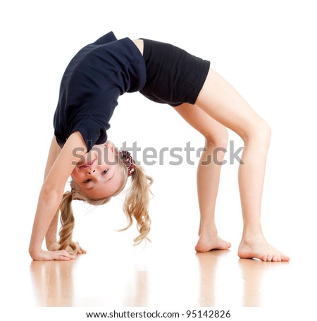 young girl doing gymnastics over white background