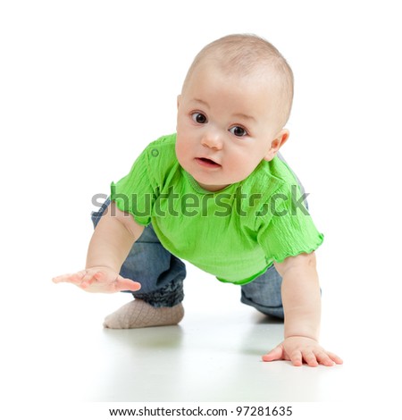 funny baby goes down on all fours