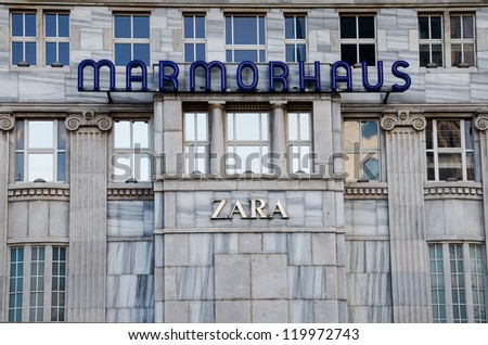 BERLIN-NOV 22: Facade of the Marmorhaus on Nov 22, 2012 in Berlin. Built in 1912/1913 as a cinema, is one of the architectural landmarks in Kurfuerstendamm and presently holds a Zara shop