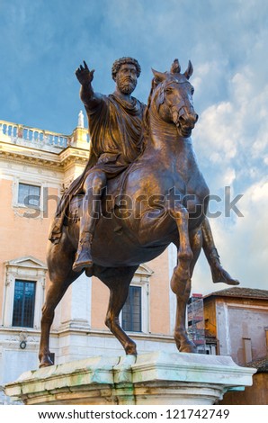 Horse sculpture of the emperor Marcus Aurelius in the Capitol hill in Rome, Italy
