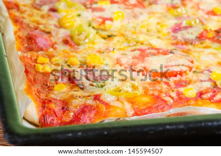 Pizza with cheese, ham and corn