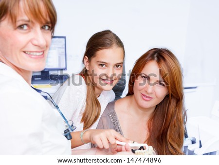 Business and People picture - A women dentist doctor explains a family, mother with a child, how they shout clean the teeth
