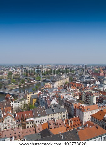 View of Wroclaw (Breslau), Poland, on Oder river from above