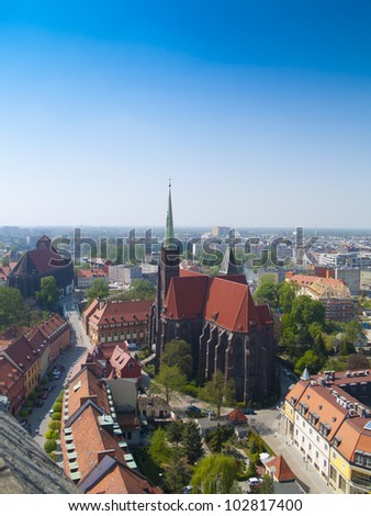 View of Wroclaw (Breslau), Poland, on Oder river from above