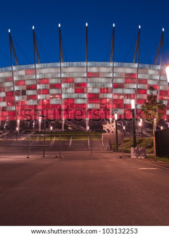 WARSAW, POLAND - CIRCA MAY 2012 - Entrance to National stadium at night, Warsaw, Poland. The stadium is the host for UEFA football Euro cup circa May 2012.