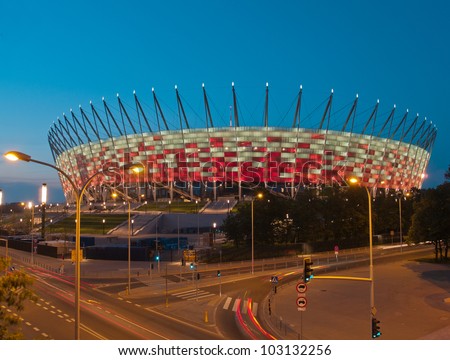 WARSAW, POLAND - CIRCA MAY 2012 - National stadium at night, Warsaw, Poland. The stadium is the host for UEFA football Euro cup circa May 2012.