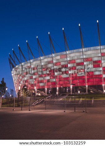 WARSAW, POLAND - CIRCA MAY 2012 - Entrance to National stadium at night, Warsaw, Poland. The stadium is the host for UEFA football Euro cup circa May 2012.