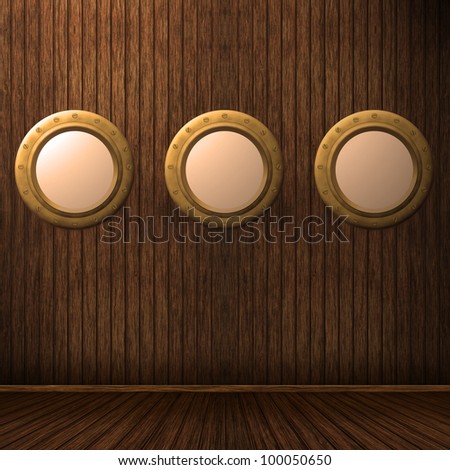 Ship porthole on the wooden background illustration, computer graphic