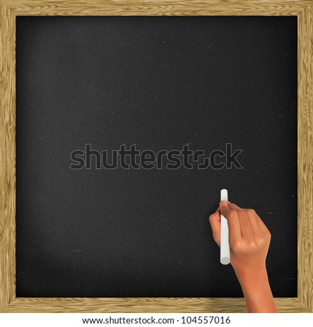 Blank blackboard, chalkboard and hand holding a white chalk, with clipping path