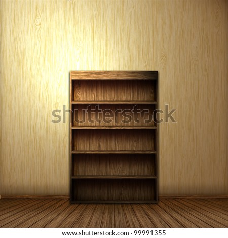 Empty wooden book shelf background illustration, computer graphic