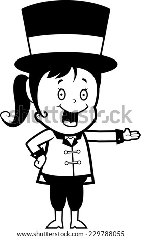 A happy cartoon child ringmaster smiling and presenting.