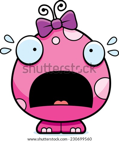 A cartoon illustration of a baby girl monster looking scared.
