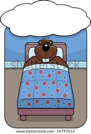 cartoon gopher in bed dreaming and smiling.
