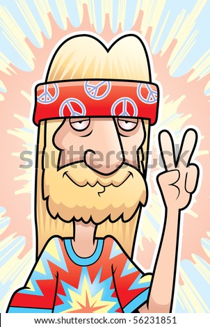 stock vector A happy cartoon hippie making the peace sign