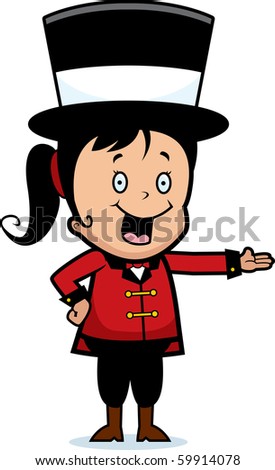 A happy cartoon child ringmaster smiling and presenting.
