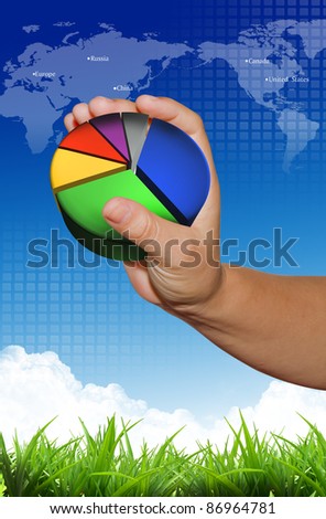 Graph in hand present on blue sky background and world map