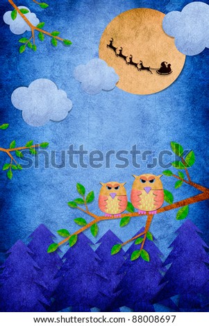 Owl bird in the day on paper craft background with santa
