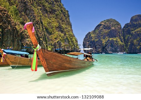 Traditional wooden boat at Phi Phi island, Thailand, Asia.