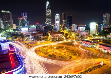 HO CHI MINH, VIETNAM - december 16, 2014 Ben Thanh Market and Quach Thi Trang park in Ho Chi Minh city, in evening, Vietnam on December 16, 2014. Ho Chi Minh city is the biggest city in Vietnam.