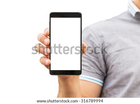 Young man showing a mobile phone application, close up