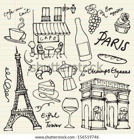 Set of Paris landmarks and icons doodle vector Set of Paris landmarks and icons doodle vector