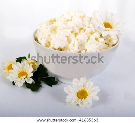 Cheese In Cup And Flowers. Studio Shoot Over White Background.