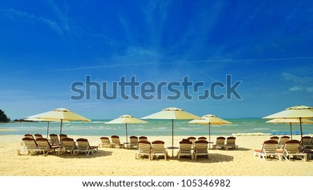 Umbrellas and Bench from the Beach Bar, Malaysia, Kuantan, Cherating Beach
